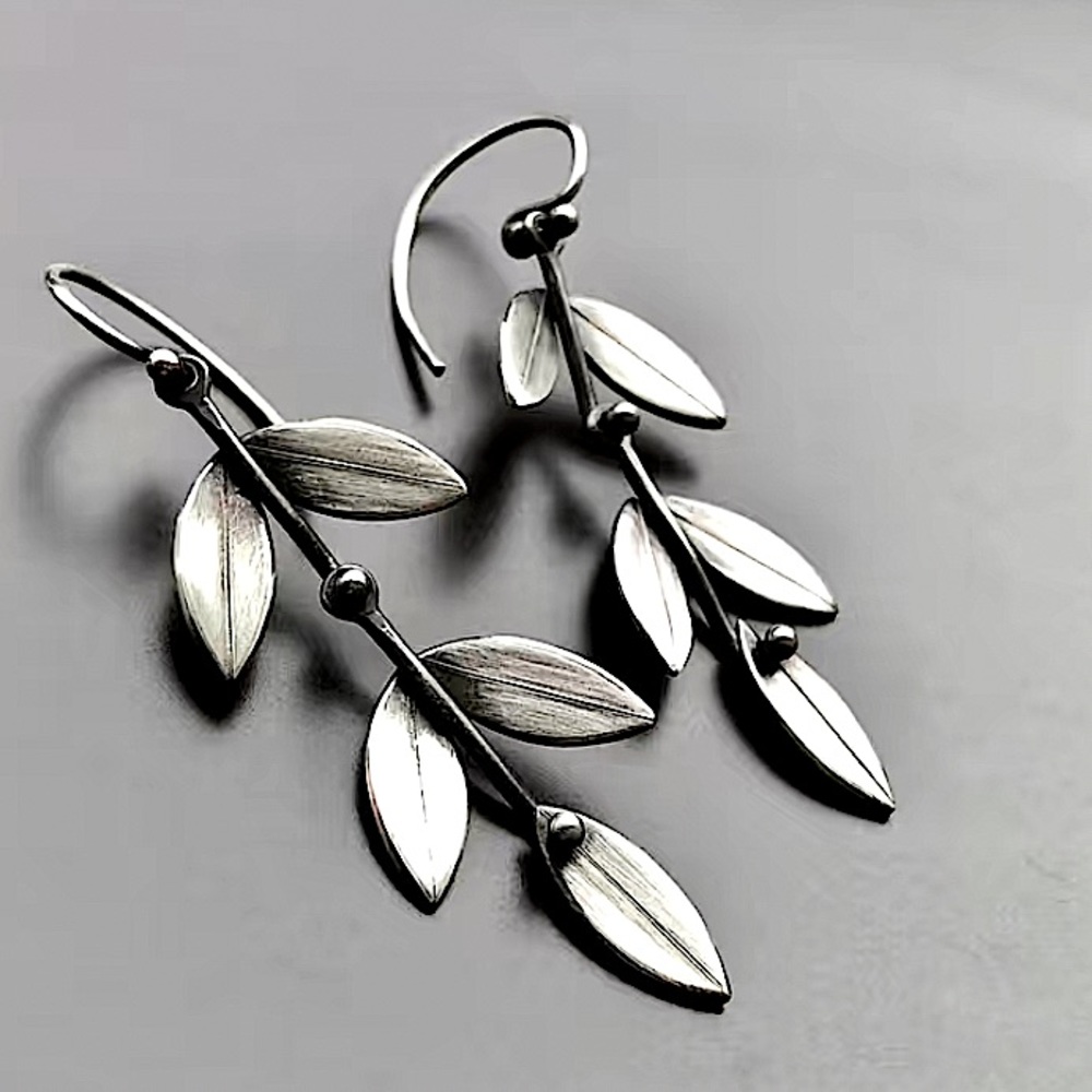 Silver Leaf Drop Flower Boho Vintage Hook Minimalist Earrings